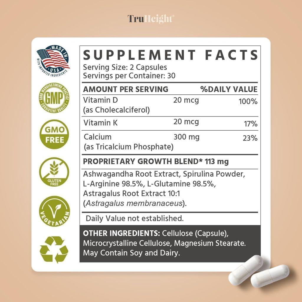 AmmoniaSport TruHeight Growth Capsules - Natural Growth & Development Supplement for Kids & Teens - Endorsed by Pediatricians - Vitamin D, K, Calcium & Ashwaganda - Bone Strength Capsules - Kids Vitamins - Ages 5+