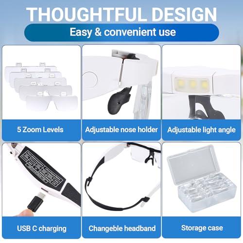 YOCTOSUN YOCTOSUN Head Magnifier Glasses with 3 LED Lights and Detachable Lenses 0.75X, 1.25X,2.0X, 3.0X and 4.0X, USB Charging Eyeglasses Magnifier, Magnifying Glasses with Light for Close Work Hobby Crafts