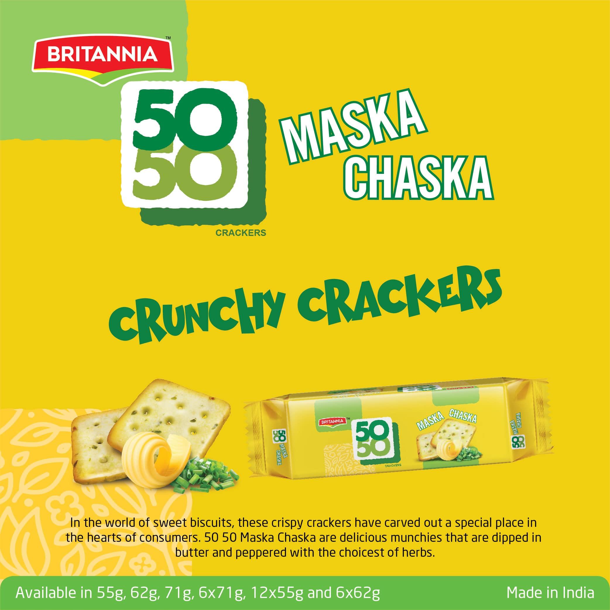 BRITANNIA Britannia Crackers 50 50 Maska Chaska Biscuit 2.19oz (62g) - Dipped in Butter and Peppered - Delicious, Light & Crispy Cookies (Pack of 6)