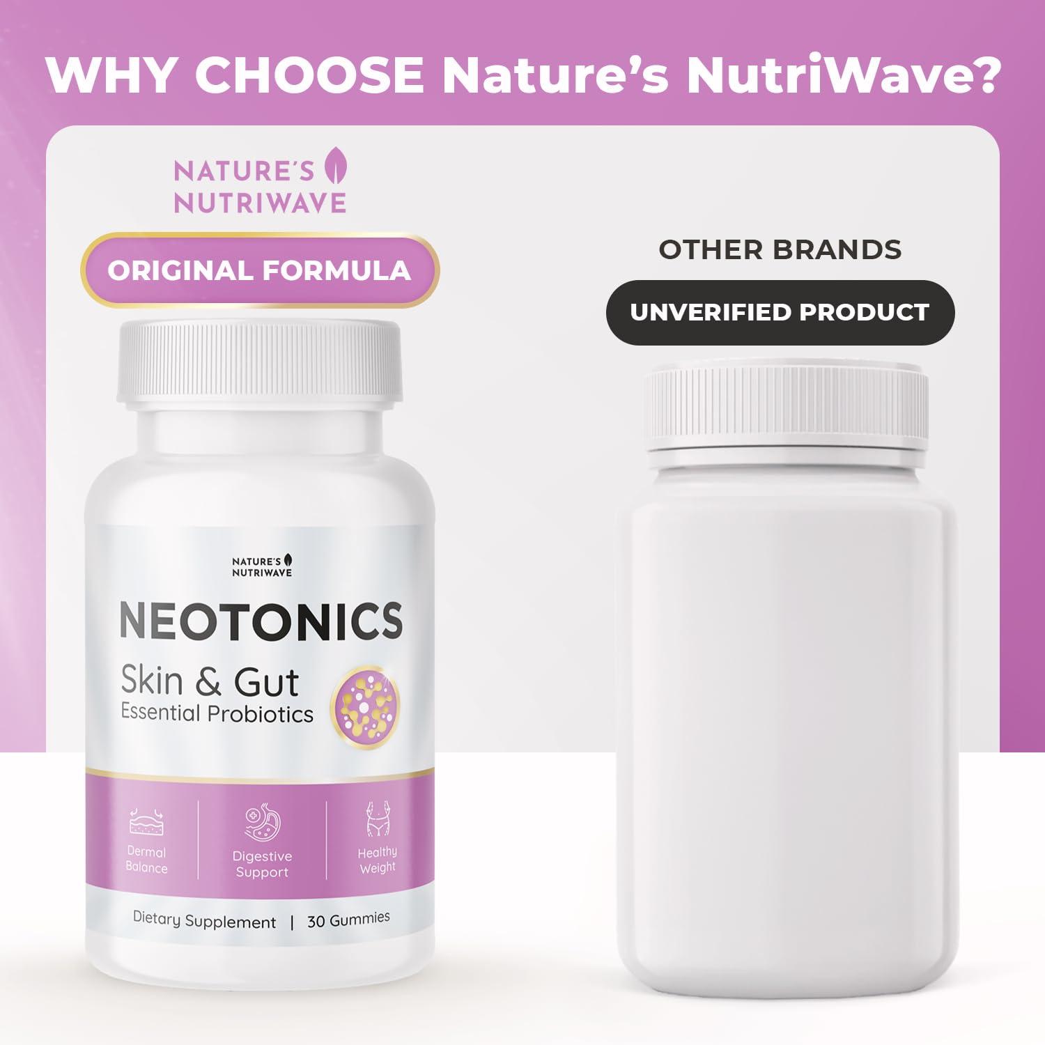 Natures NutriWave Neotonics Skin and Gut Gummies - 100% Natural Probiotic Gummies, Chewable Probiotics for Digestive Health & Skin Health, Daily Probiotics for Women & Men - Apple Flavor, 30 Gummies, 1 Month Supply