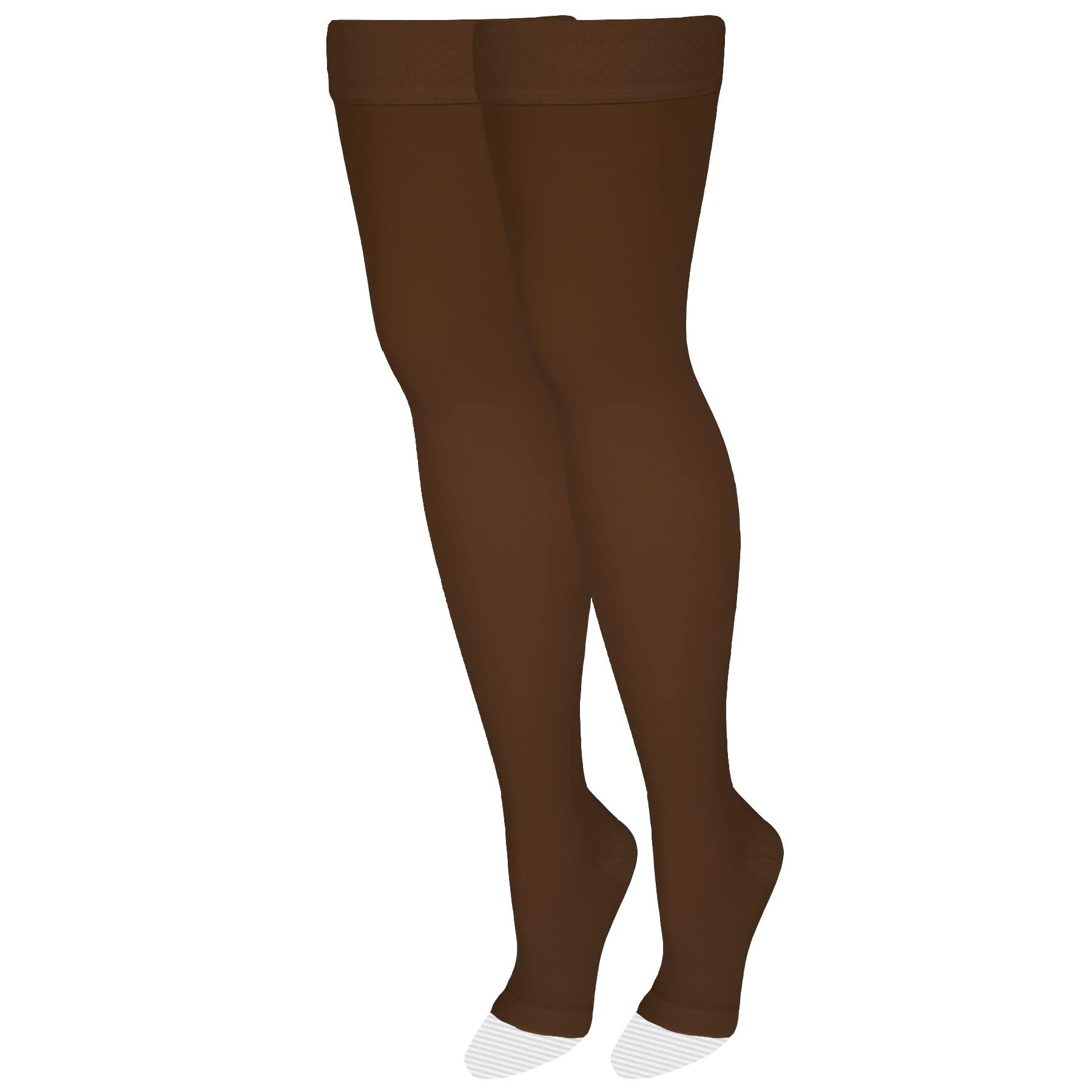 NuVein NuVein Medical Compression Stockings, 20-30 mmHg Support, Women & Men Thigh Length Hose, Open Toe, Brown, 2X-Large