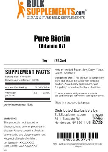 BulkSupplements BulkSupplements.com Pure Biotin Powder - as Vitamin B7, Biotin Supplement, Biotin Vitamins for Hair, Skin and Nails - Gluten Free, 1mg per Serving, 1kg (2.2 lbs) (Pack of 1)