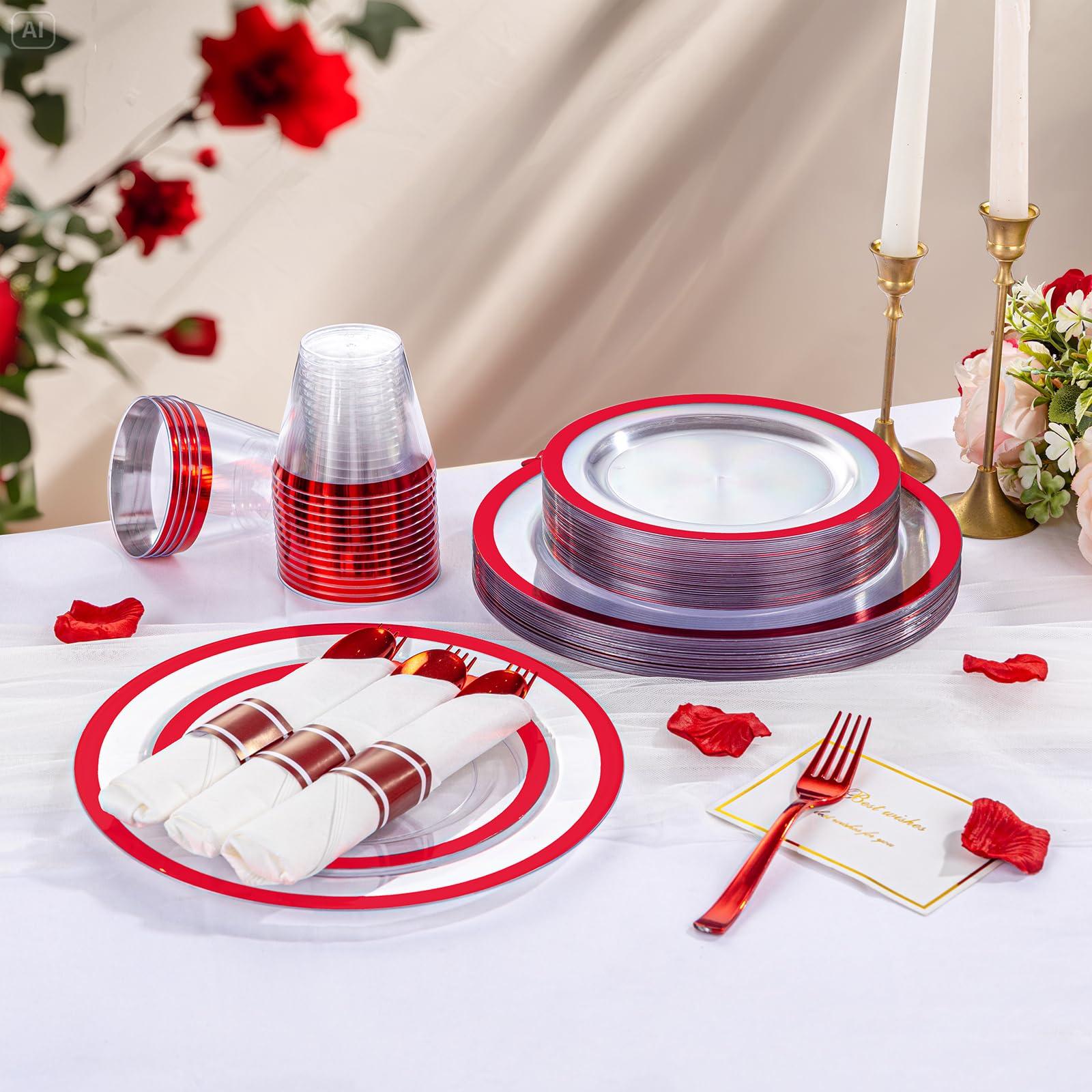 I00000 I00000 350 Pcs Clear and Red Plastic Plates,Valentines Disposable Dinnerware Set, Include 50 Dinner Plates 10.25\'\', 50 Dessert Plates 7.5\'\',50 Red Rim Cups,50 Per Rolled Napkins with Plastic Cutlery