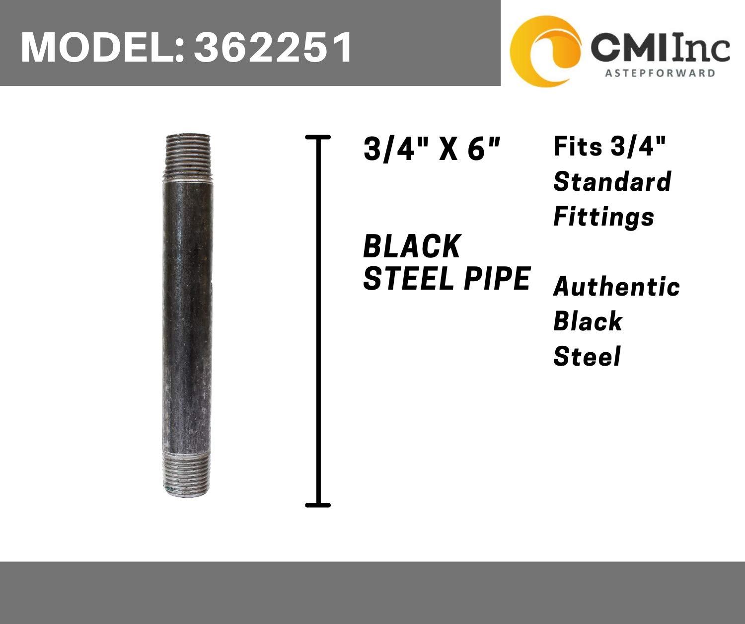 CMI Inc CMI Inc 3/4" X 6" Industrial Black Pipe, Malleable Cast Iron Pipe Nipple, for Vintage DIY Furniture Home Pipe Decor, Fits 3/4 Inch Black Threaded Pipe Nipples and Fittings 10 PACK (3/4" X 6")