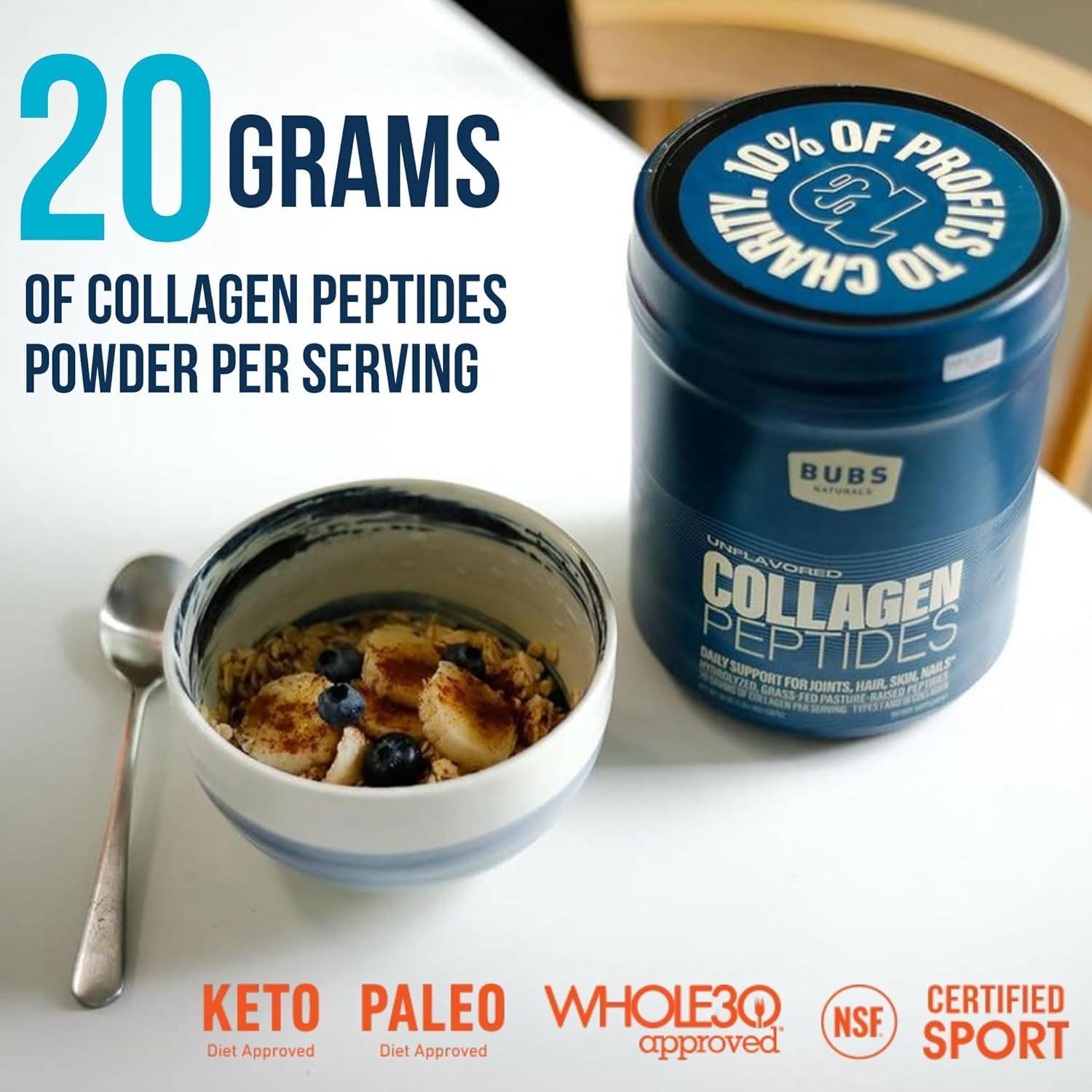 BUBS Naturals BUBS Naturals Unflavored Collagen Peptides Powder, Best Proteins for Joints & Skin, Pasture Raised Grass Fed, Paleo and Keto Friendly, Whole30 Approved, Non-GMO Dairy & Gluten Free, 10oz, 14 Servings