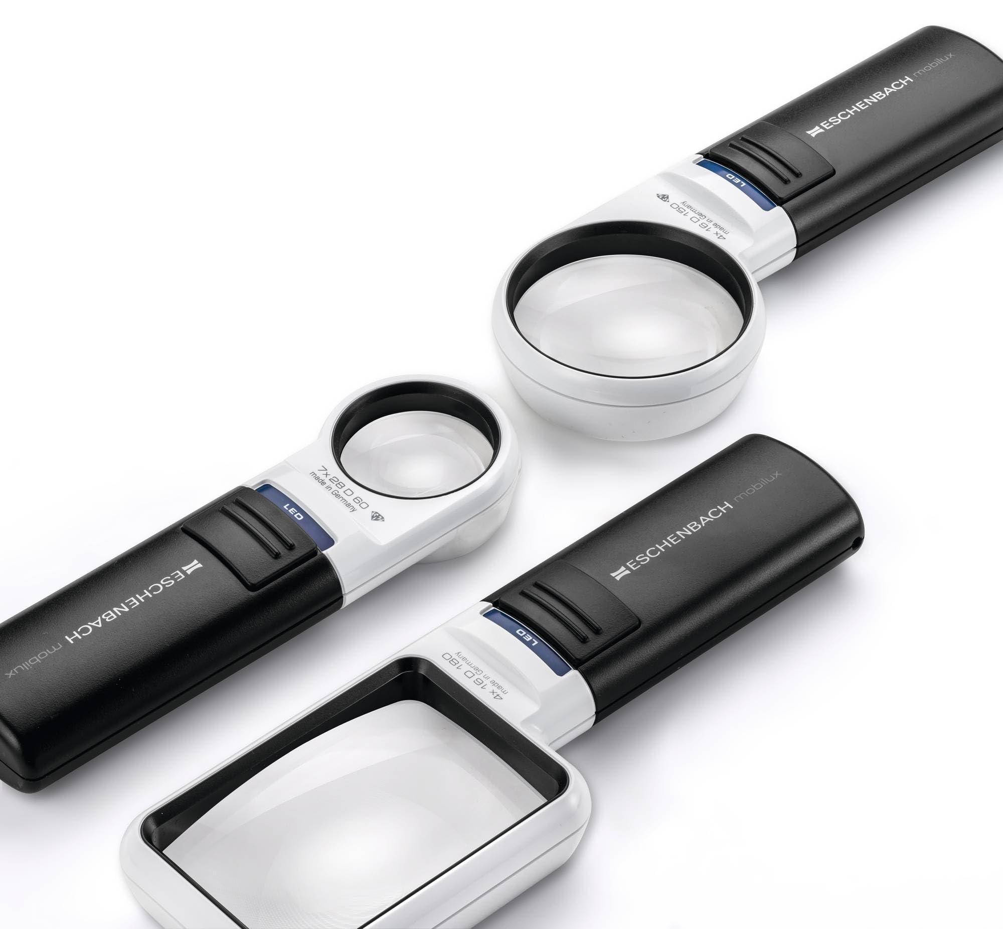 GBBC Eschenbach Mobilux LED Hand Held Magnifier, 4X, 2.0 x 2.0 inches (50 x 75 mm), Resin Lens, Black, PXM Optical Resin, Aspherical, Therapy Hard Coating, LED Light