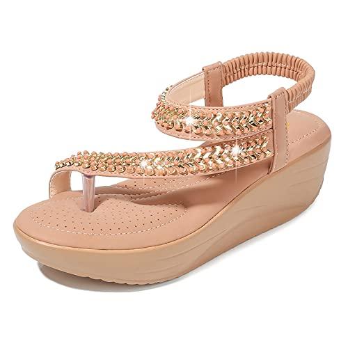 CLSQLXYJZC Summer Round Toe Sandals for Women, Fashion Platform Wedge Rhinestone Women's Orthopedic Bunion Corrector Sandals, for Soft Big Toe Foot Correction Sandal ( Color : Brown , Foot length : 25.5cm )