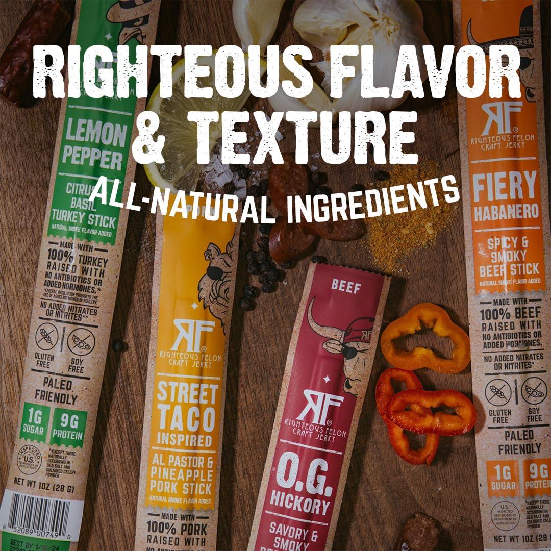 RIGHTEOUS FELON Righteous Felon Jerky Variety Pack Meat Sticks | High Protein, Low Carb, Keto, Gluten Free, Low Sugar, Healthy Snack Stick | All Natural, Individually Wrapped Craft Beef, Turkey, Pork | 10 Count