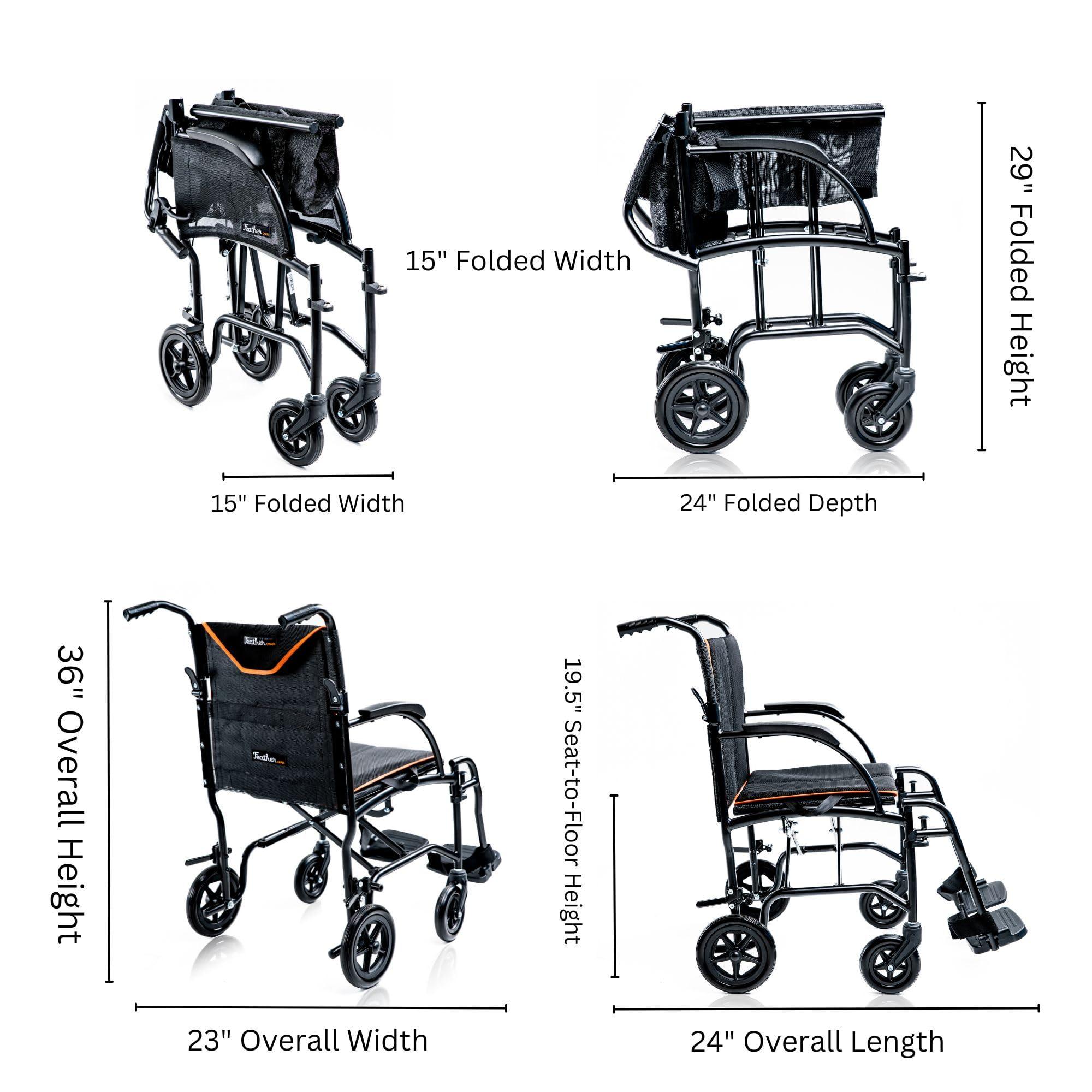 FeatherMobility Feather Mobility - 13lb Frame - Black Lightweight Folding Transport Chair - Without Handbrakes - 300 lb Capacity