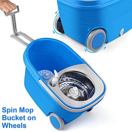 PULNDA Mop and Bucket with Wringer Set, Mop and Bucket on Wheels Floor Cleaning System with Spin Mop Head 61 Inch Refills Extended Stainless Steel Handle for Home Office Household Cleaning