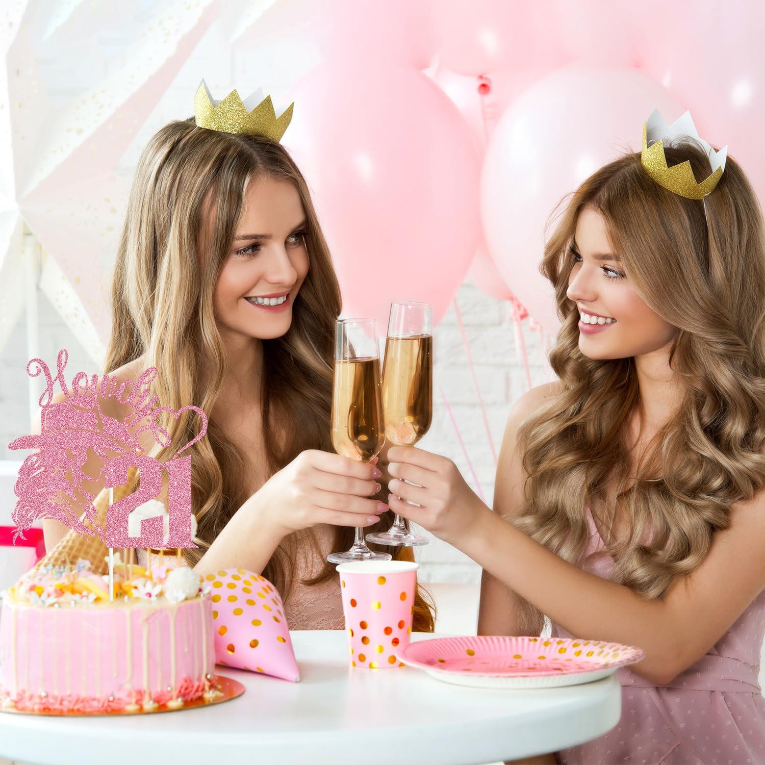 Goilpanitdia Cowgirl Happy 21st Birthday Cake Topper, 21 & Fabulous, Cheers To 21 Years, Cowgirl Themed Birthday Party Decorations (Pink Glitter)