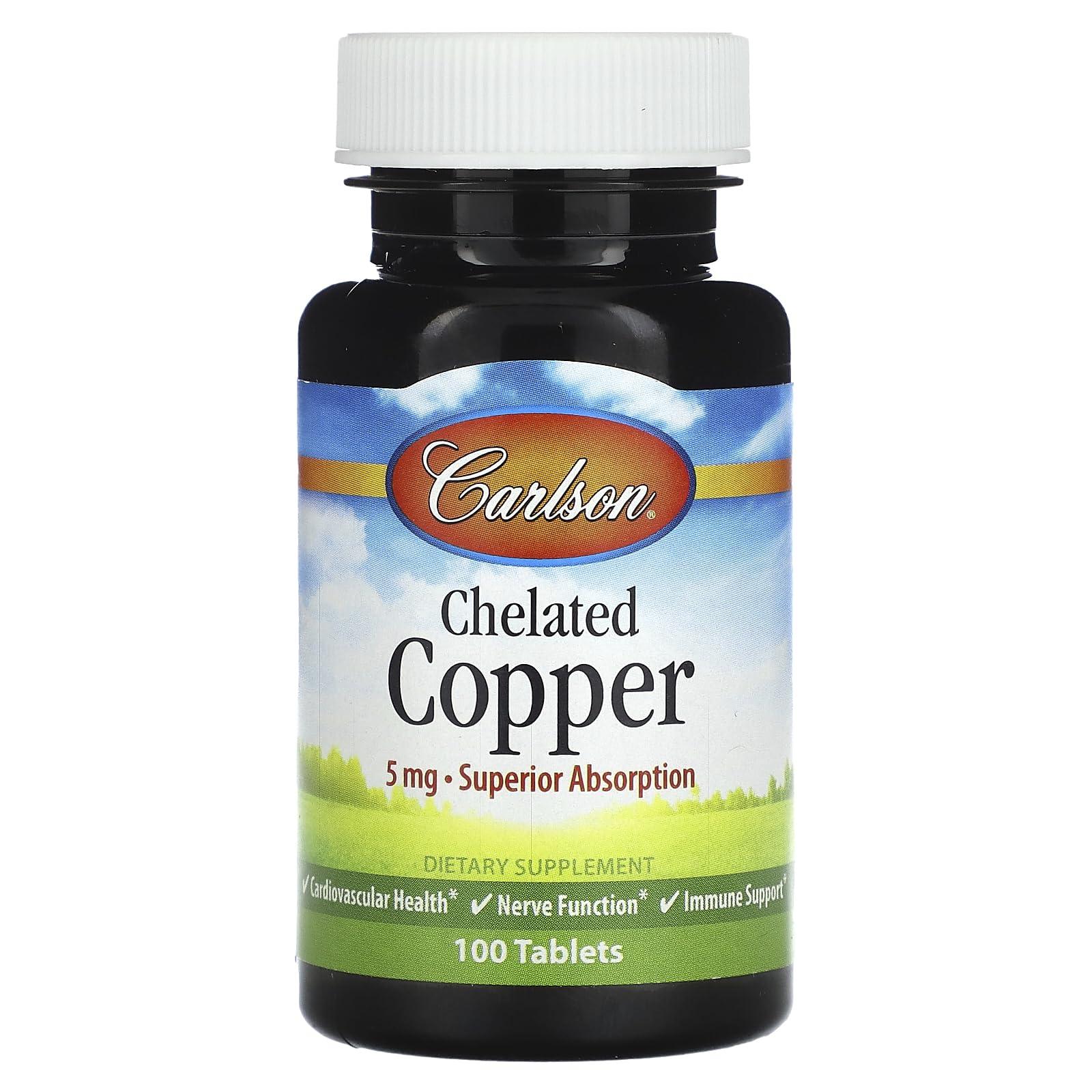 Carlson Carlson - Chelated Copper, 5 mg, Superior Absorption, Cardiovascular Health, Nerve Function & Immune Support, 100 Tablets