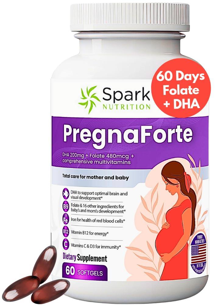 Spark Nutrition Pregnaforte 1 a day Prenatal vitamins for women 2 month: Folic acid, Fish Oil Omega 3 DHA/EPA, Vitamin D3, B6, Vitmain B12, C, E, Calcium, Iron, Magnesium, Zinc supplement FSA HSA eligble multivitamin