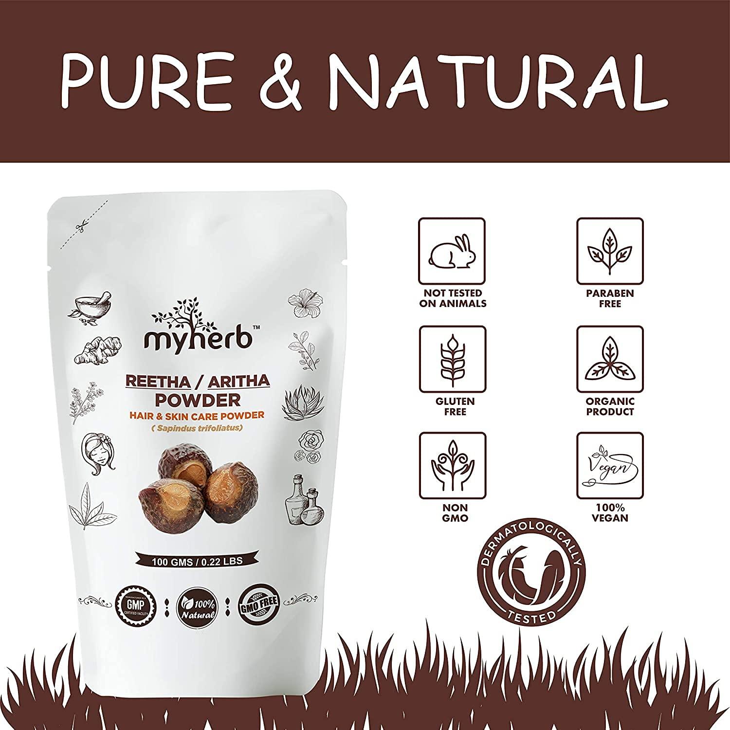 BuyAl BuyAl MYHERB Natural 100% Pure Organic Double Filtered Aritha/Reetha (Sapindus Trifoliatus) Powder || Ayurvedic Formula || For Face,Skin & Hair Care - 100 Gm