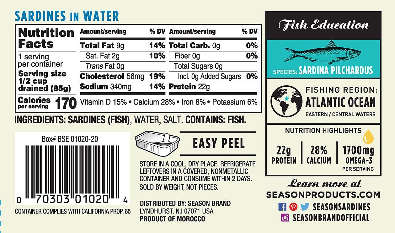 SEASON Season Sardines in Water – Wild Caught Fish, 22g of Protein, Keto Snacks, More Omega 3's Than Tuna, High in Calcium, Canned Sardines – 4.37 Oz Tins, 12-Pack