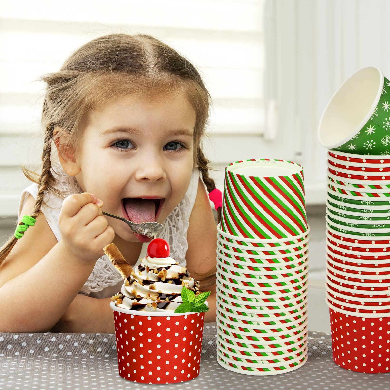 Potchen Potchen 9 oz Christmas Paper Ice Cream Cups Xmas Disposable Dessert Bowls Snack Cups Soup Cups Polka Dot Snowflake Striped Paper Bowls for Hot or Cold Food Christmas Party Supplies(180 Pcs)