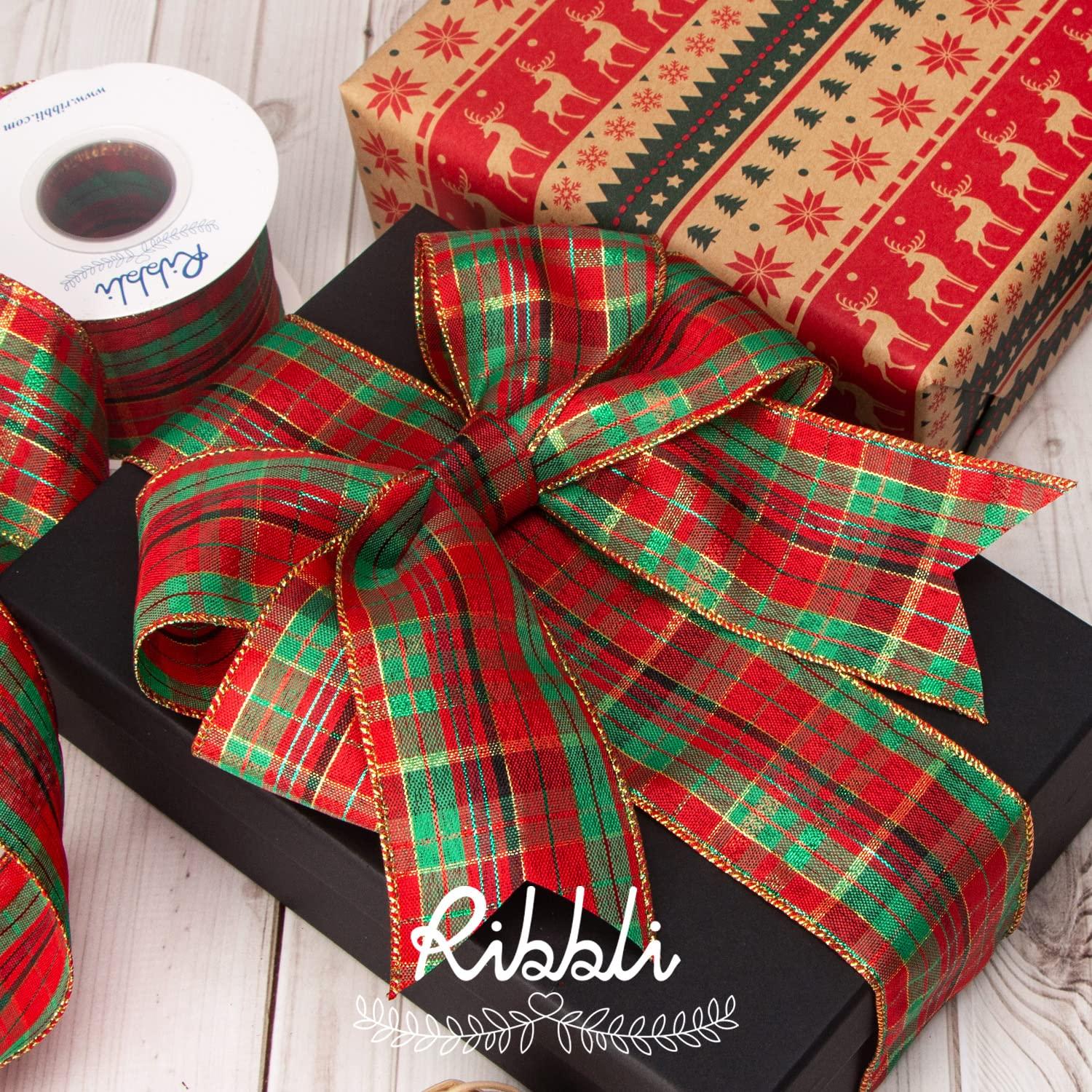 Ribbli Ribbli 4 Rolls Christmas Wired Ribbon,Natural and Red Burlap Christmas Plaid Wired Ribbon,2 Inch Total 20 Yard, Christmas Ribbon for Crafts, Big Bow,Gift Wrapping, Wreath, Tree Decoration