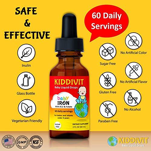 Kiddivit Kiddivit Baby Iron Liquid Drops with Vitamin B12 & Folate - 60 Daily Servings, 2 Fl Oz (60 mL) - Inulin Fortified (Prebiotic, Dietary Fiber) - Sugar Free, Gluten Free, Vegetarian Friendly