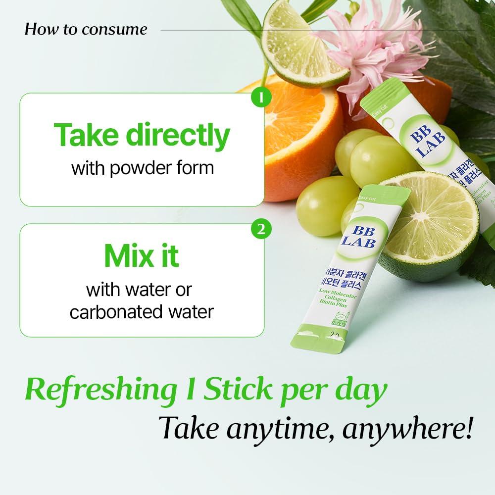 BB LAB BB LAB Low Molecular Collagen Biotin Plus, Halal Collagen, Powder Supplement, Korean Marine Collagen, Fish Collagen Peptides, Biotin, Vitamin C, Fast Absorption, Shine Muscat Flavor