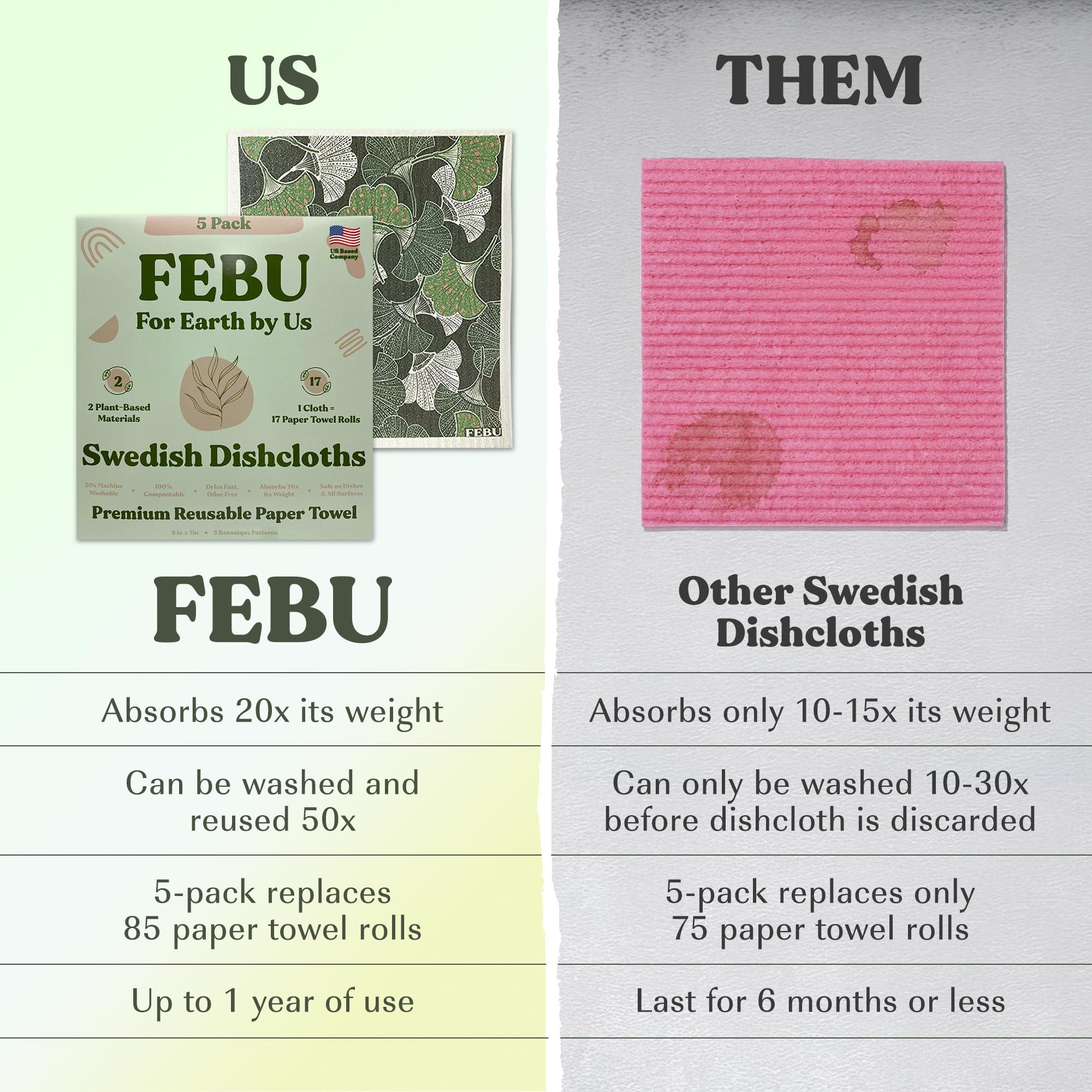 FEBU FEBU Swedish Dishcloths for Kitchen | 5 Pack Botanique Reusable Paper Towels Washable | Swedish Dish Towels | Non-Scratch Cellulose Sponge Cloths | No Odor, Biodegradable Cleaning Cloths