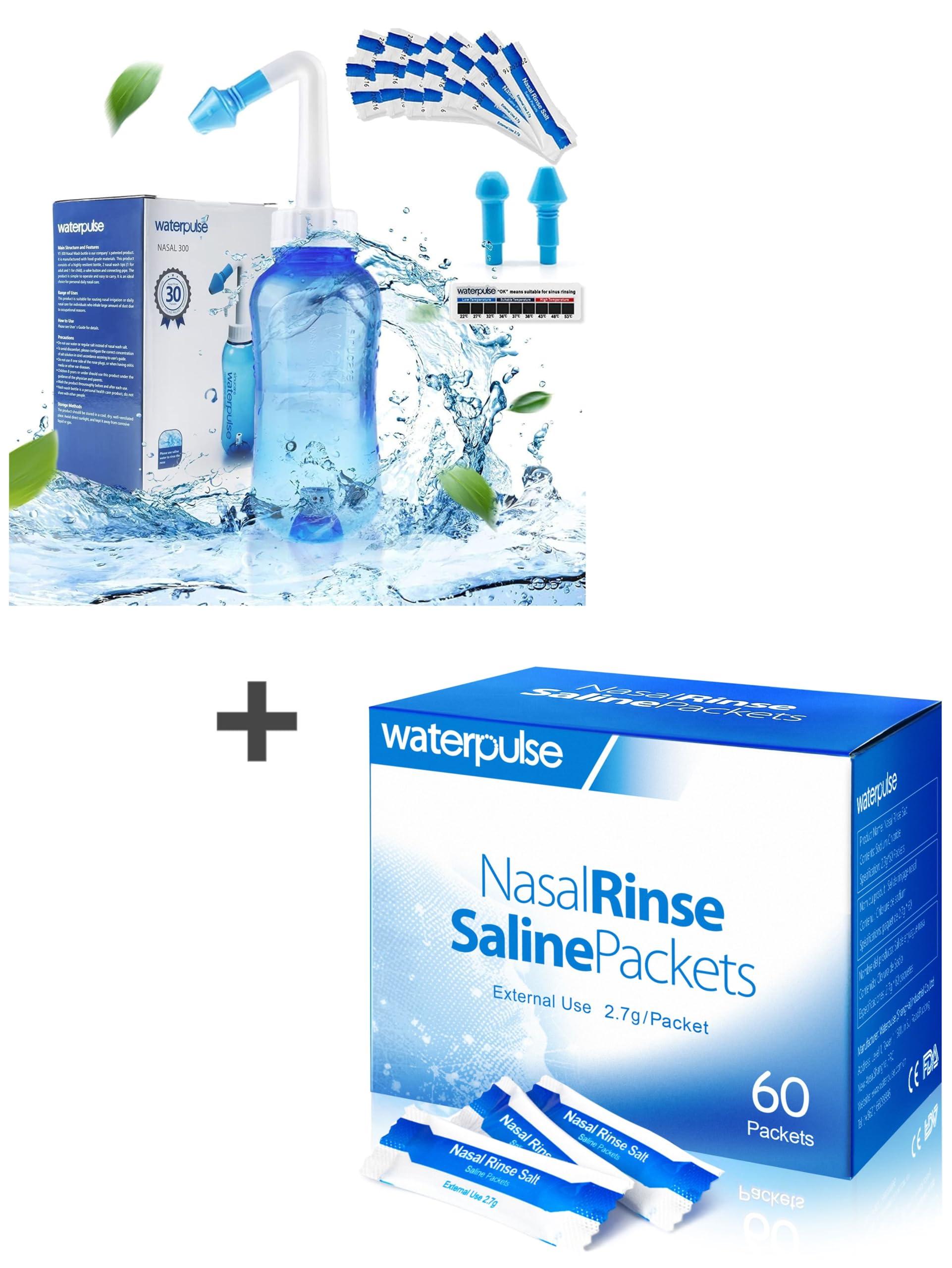Waterpulse Waterpulse Neti Pot Sinus Rinse Bottle 300ml with 30 Nasal Wash Salt Packets and 60 Neti Pot Salt Packets