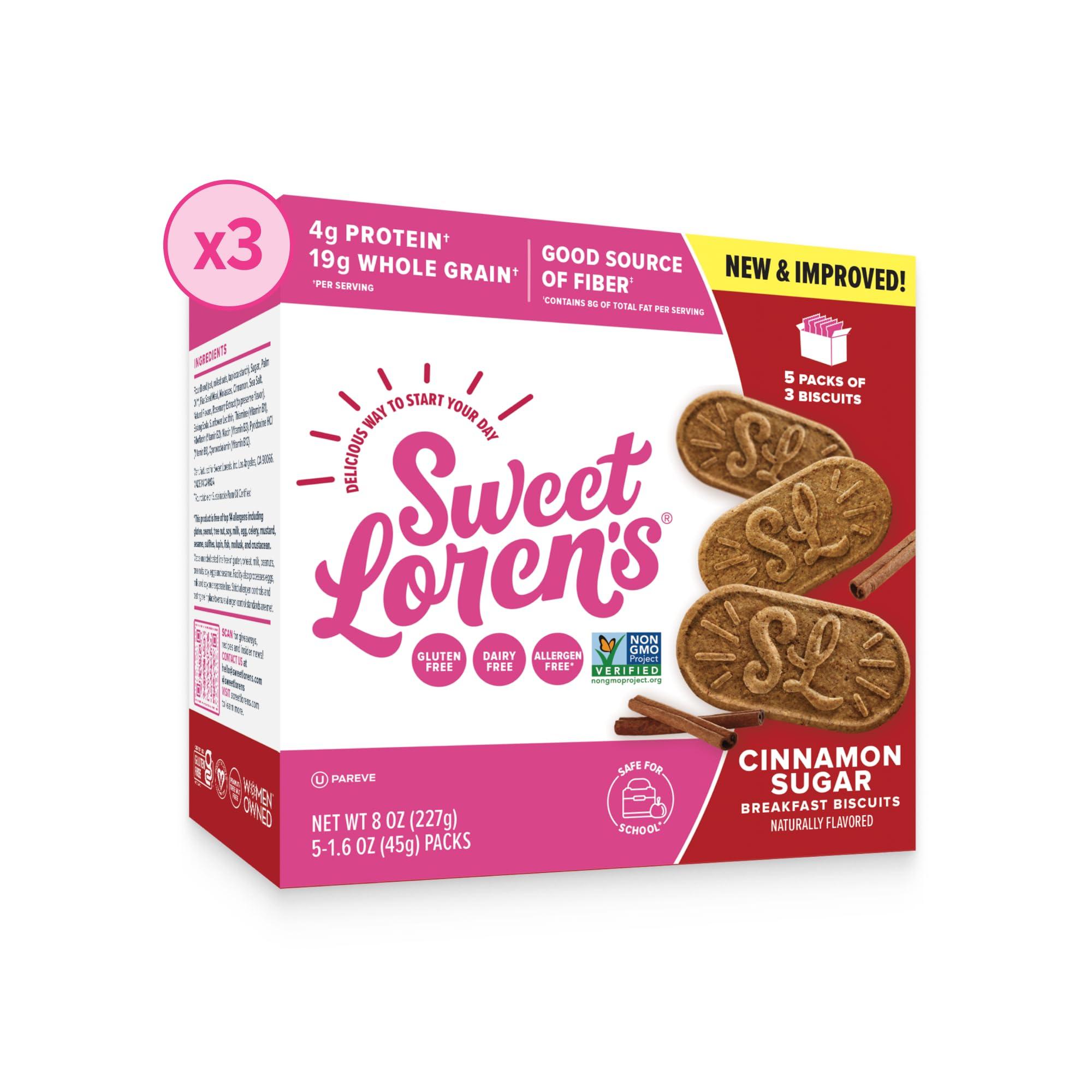 Sweet Loren\'s Sweet Loren\'s Vegan Breakfast Biscuits | Cinnamon Sugar | 4g Protein, 19g Whole Grains | Plant Based, Gluten Free, Dairy Free, Nut Free Snacks | 3 Pack (15 Total Biscuits, 1.6 ounce each)