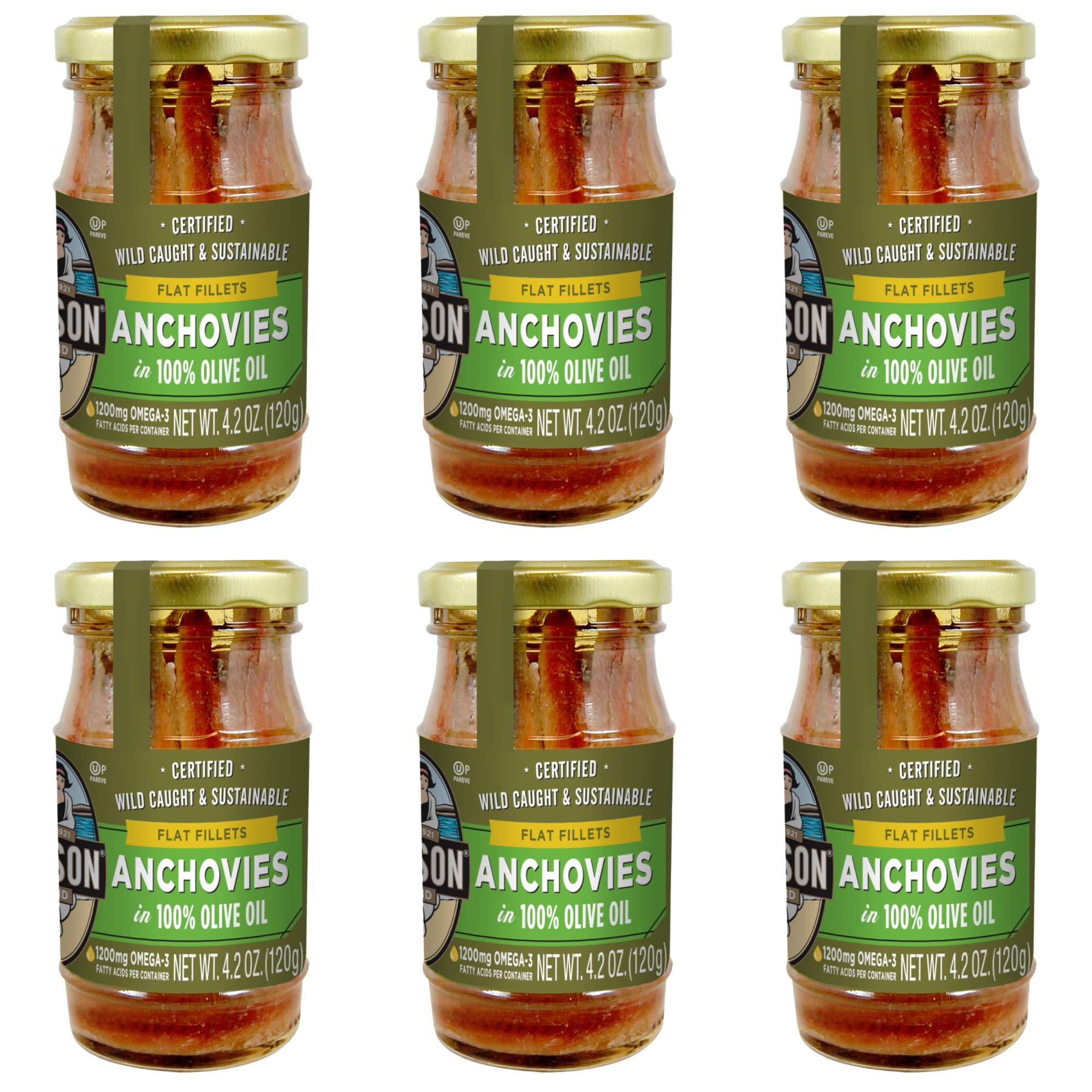 SEASON Season Anchovies in Olive Oil – Flat Anchovy Fillets, Wild Caught Fish, Keto Snacks, Canned Anchovies, Rich in B Vitamins, Low in Mercury, Kosher, Non-GMO, 600mg of Omega-3 – 4.2 Oz Glass Jar, 6-Pack