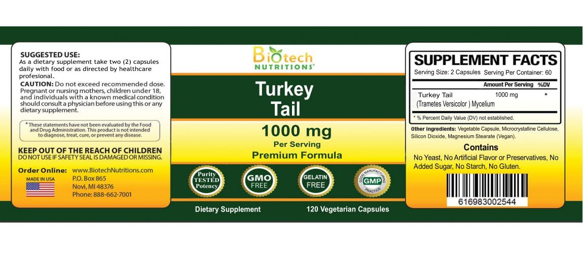 Biotech Nutritions Biotech Nutritions Non-GMO Turkey Tail Mushroom 1000 Mgper Serving 120 Vegetable Capsules