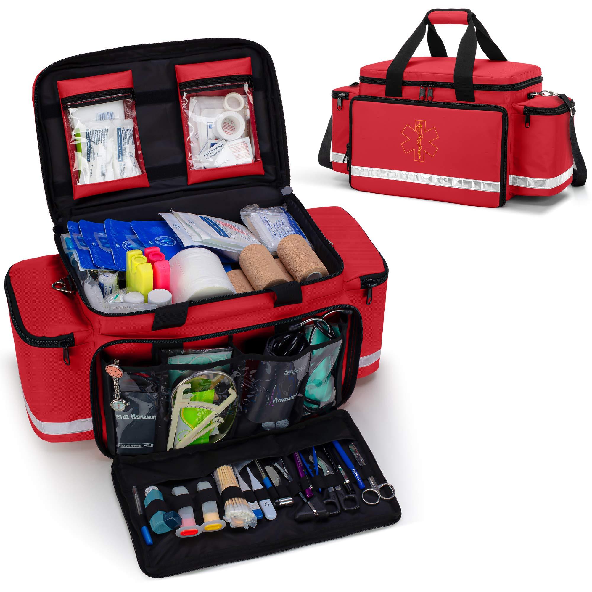 Trunab Trunab Emergency Responder Trauma Bag Empty, Professional First Aid Kits Storage Medical Bag with Inner Dividers and Anti-Scratch Bottom, Ideal for EMT, EMS, Paramedics, Red, Bag ONLY