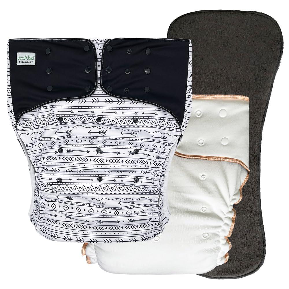 Ecoable Adult Nighttime Diaper Set - Incontinence Protective Briefs with Fitted and Insert for Special Needs Teens, Men and Women (Large, Black Arrow)