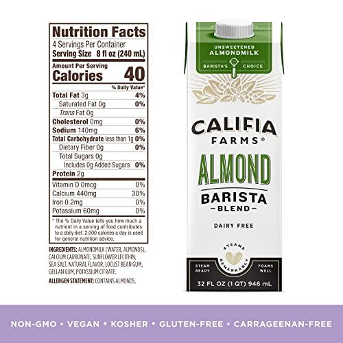 Califia Farms Califia Farms - Unsweetened Almond Barista Blend Almond Milk, 32 Oz (Pack Of 6), Shelf Stable, Dairy Free, Plant Based, Vegan, Gluten Free, Non GMO, Sugar Free, Milk Frother, Creamer