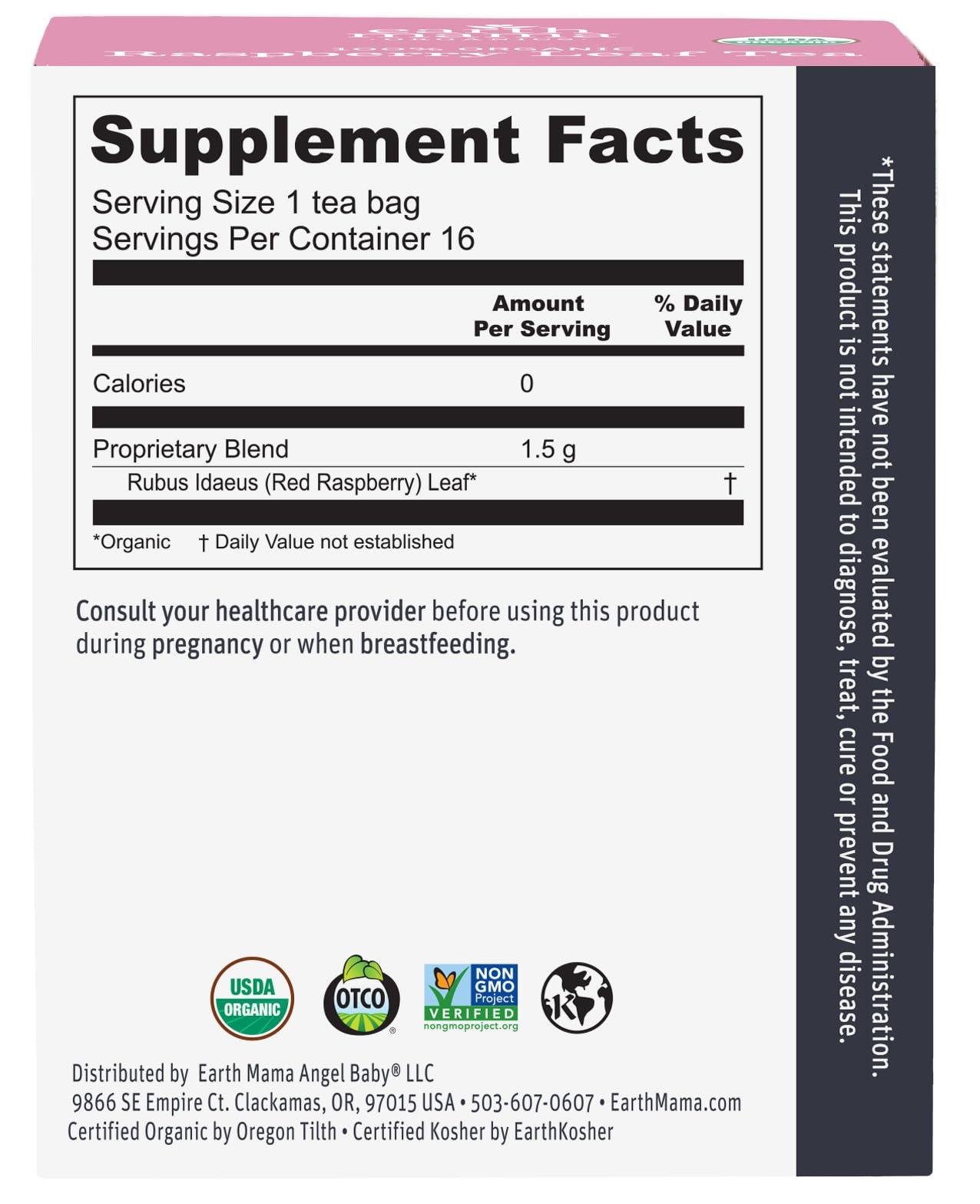 Earth Mama Earth Mama Organic Raspberry Leaf Tea Bags | Labor Tonic & Menstrual Support Herbal Tea, Red Raspberry Leaf Tea for Pregnancy & Postpartum Care Recovery, Caffeine Free Tea, Non GMO, (16 Teabags)