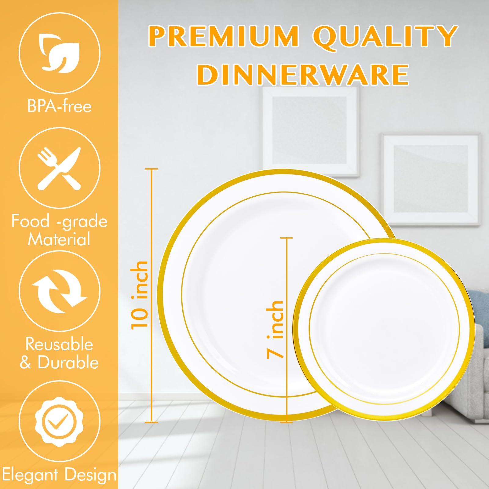 JollyPack Gold Plastic Plates 100 Pack with 10 in Dinner Plates 50 Pack, 7 in Salad Plates 50 Pack and 9 OZ Plastic Cups 300 Pack