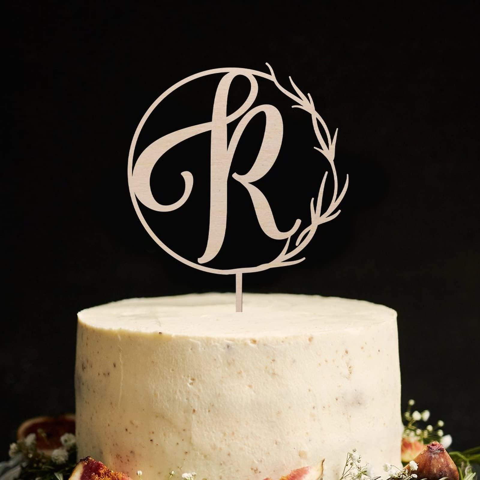 Vinisong Vinisong Personalized Initials Cake Topper Wreath Letter R Cake Topper Wood Monogram Cake Topper Rustic Wedding Cake Topper Birthday Cake Decoration(Design 06,R)