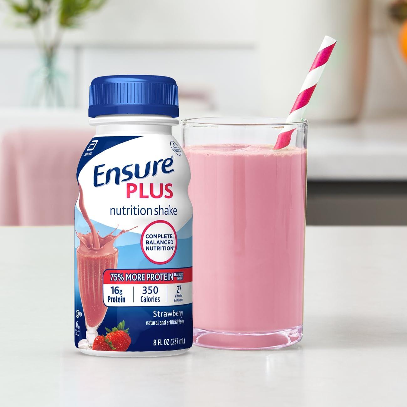 Ensure Ensure Plus Strawberry Nutrition Shake With Fiber | Meal Replacement Shake | Ready To Drink | 16g Protein and 27 Vitamins and Minerals | 8 fl oz - 24 Pack