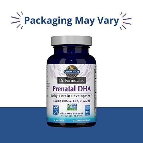 Garden of Life Garden of Life Dr. Formulated Prenatal DHA Fish Oil - 550mg DHA & DPA in Triglyceride Form 100% DV Vitamin D3, Single Source, Mercury Free Omega 3 DHA Supplements for Women's Health, 30 Softgels