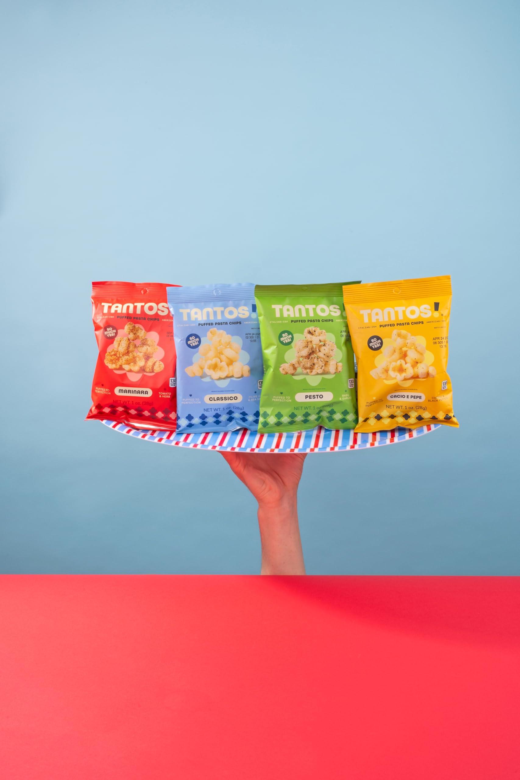 Tantos Tantos! Puffed Pasta Chips Variety Pack - Gourmet Italian Snacks - 4 oz Bags (12 Pack) - Pizzeria Style Chips with Marinara, Pesto, Cacio e Pepe, Classico - Chef Created Office & Kids Lunch Snacks
