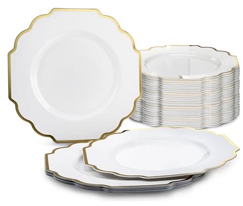OCCASIONS FINEST PLASTIC TABLEWARE " OCCASIONS " 120 Plates Pack, Heavyweight Disposable Wedding Party Plastic Plates (8'' Appetizer/Dessert PlateImperial in White & Gold)