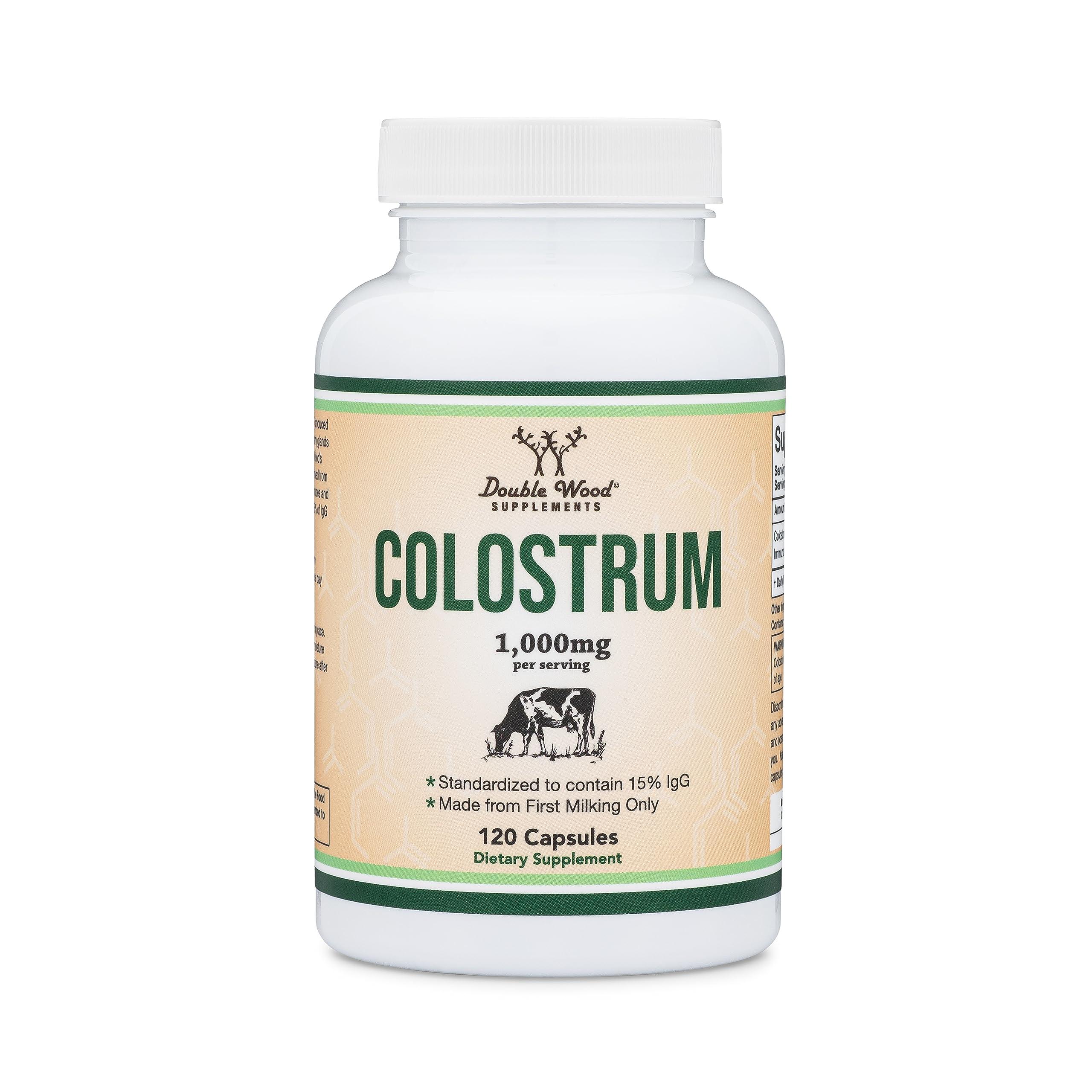 Double Wood Supplements Colostrum Supplement 120 Capsules, 1,000mg per Serving (Bovine Colostrum Powder from First Milking Only, Std. to Contain 15% IgG Immunoglobulins) No Fillers, Third Party Tested by Double Wood