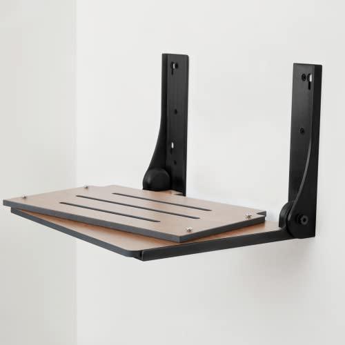Seachrome Seachrome Silhouette Folding Wall Mount Shower Bench Seat, Rustic Teak Seat with Matte Black Frame (SHAF-185155-PRTS-S-MB)