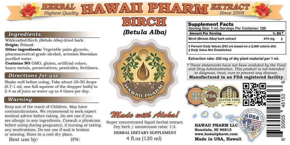 Hawaii Pharm Birch Liquid Extract, Birch (Betula Alba) Dried Bark Tincture Supplement 2 Oz