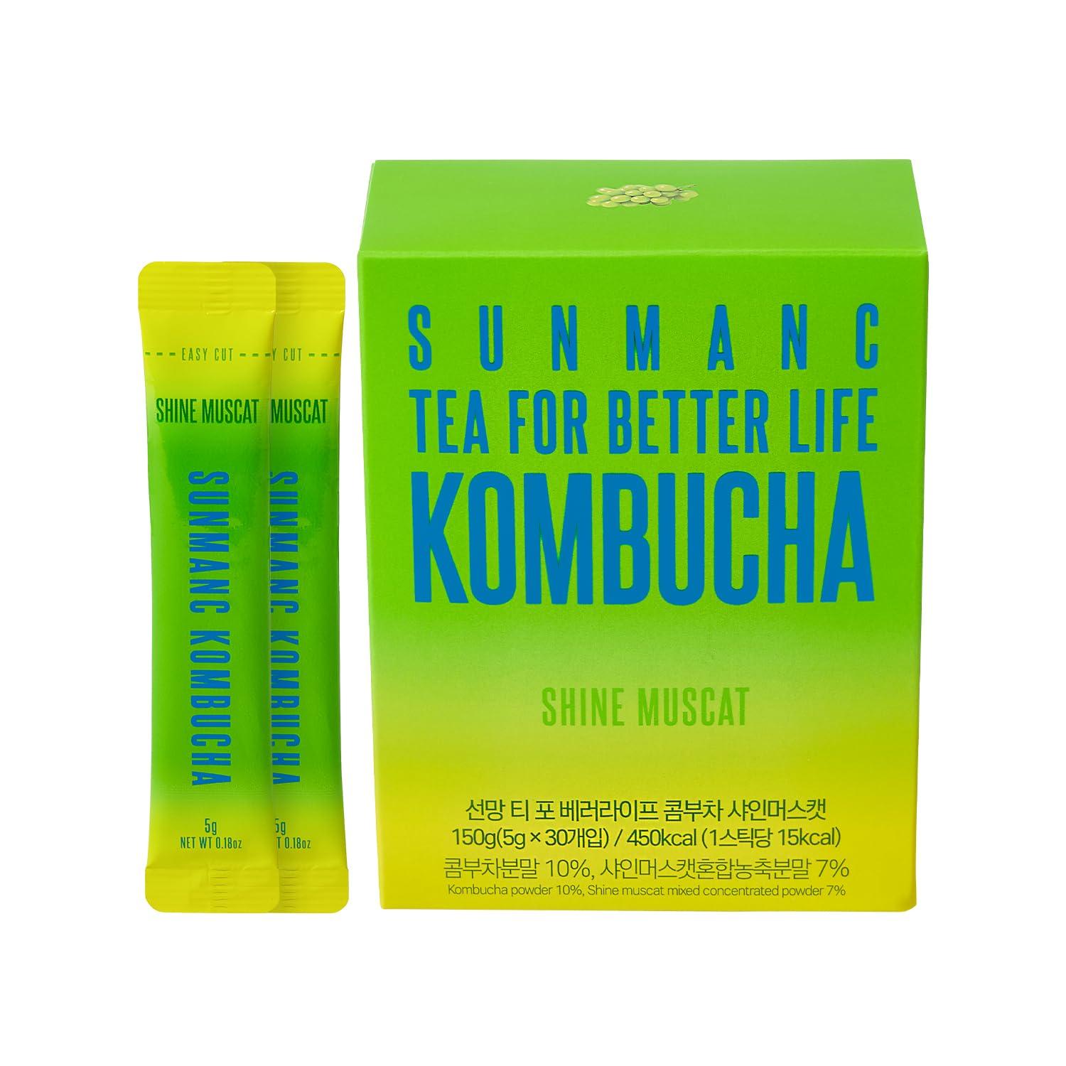 SUNMANC SUNMANC Kombucha 30 packets, Sparkling Probiotic Fermented Drink, Convenient Powdered Drink Mix, Tea Powder, Low Calories, Sugar 0g, Low Caffeine (Shine Muscat)