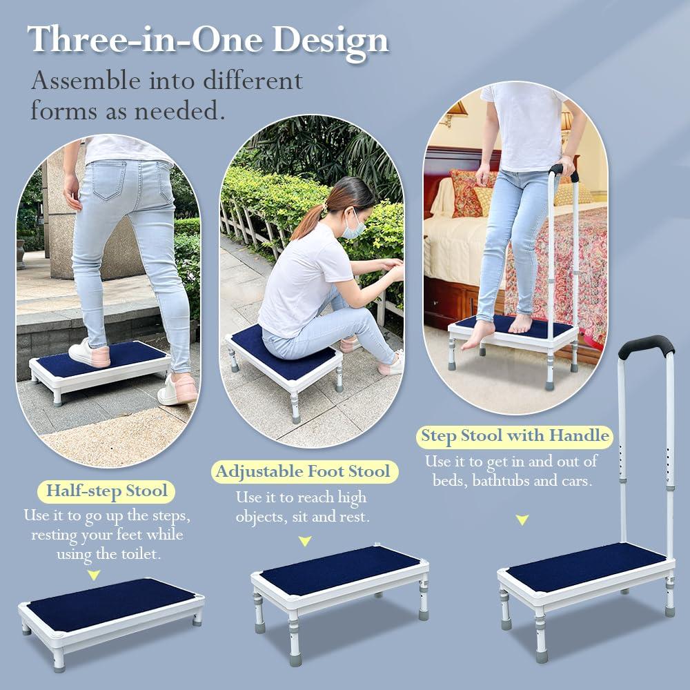 KAVIL Bed Steps for High Beds for Adults Step Stool for Bedside 3-in-1 Foot Stepping with Handle Elderly Senior Aids Daily Living Heavy Duty Adjustable Platform Steps for Kitchen, Car, Bathtub (Blue-21.6\")