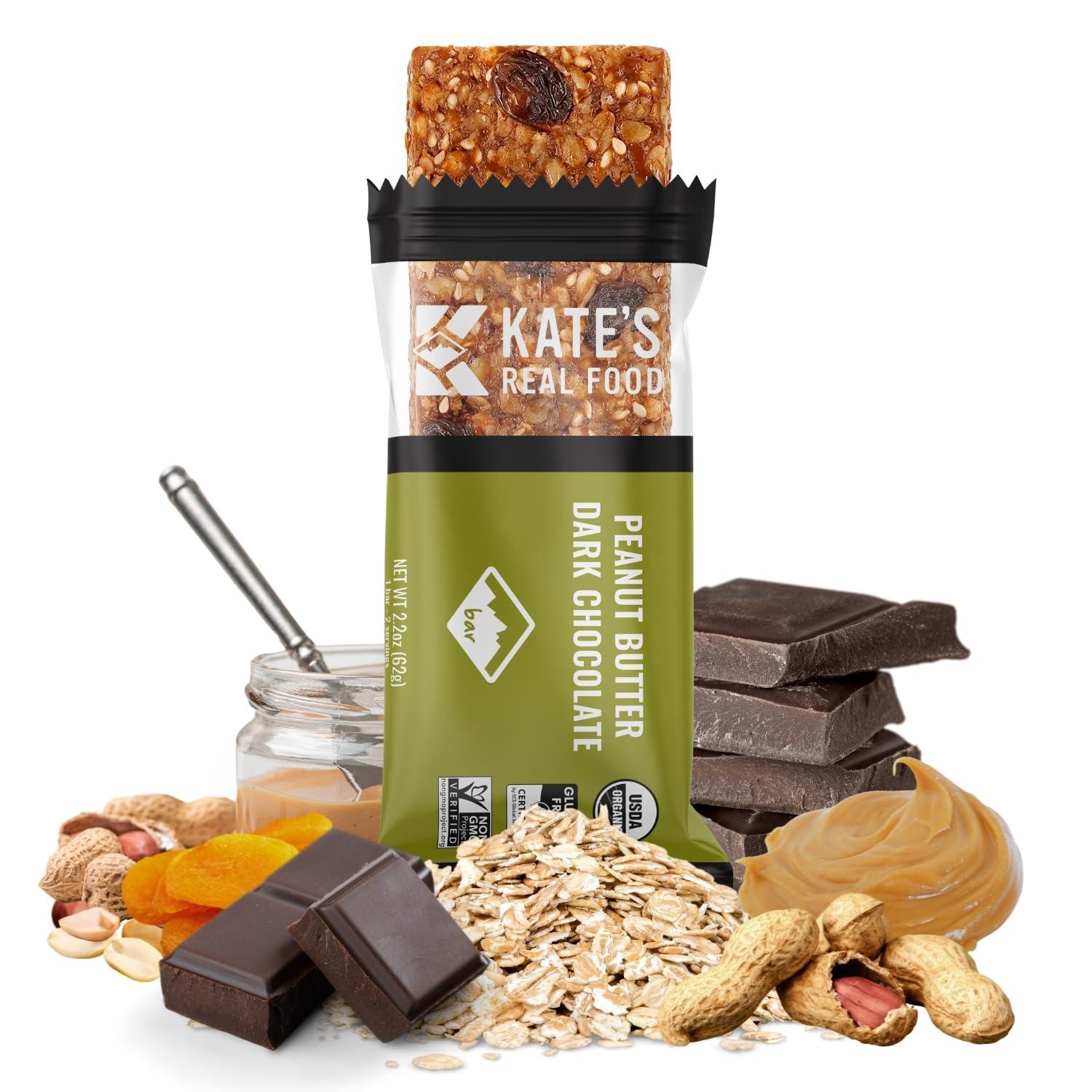 Kate's Kate’s Real Food Organic Energy Bars, Non-GMO, All-Natural Ingredients, Gluten-Free and Soy-Free Healthy Snack with Natural Flavors, Peanut Butter and Dark Chocolate (Pack of 12)