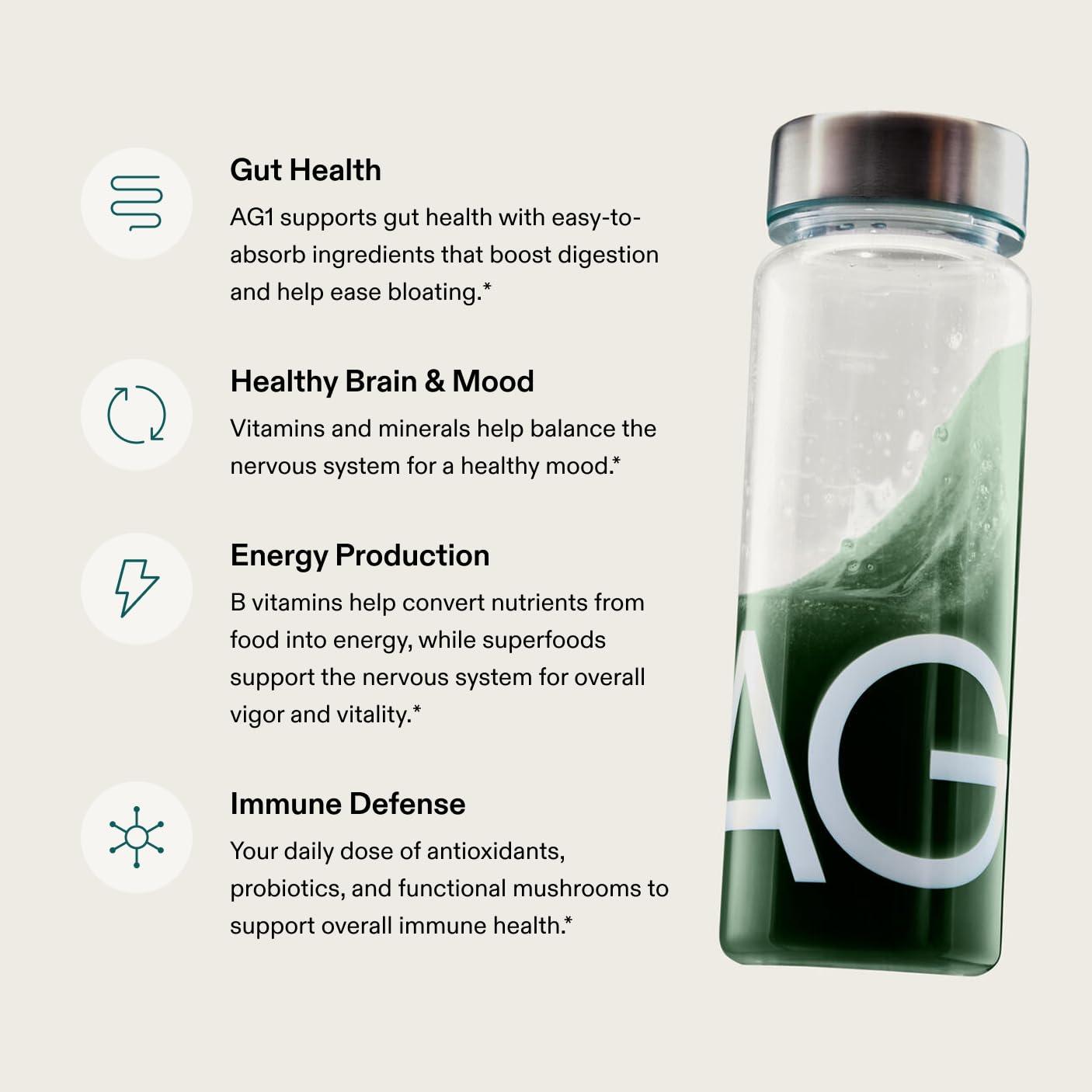 AG1 AG1 Greens Powder Supplement | Improve Gut Health | Multivitamin, Probiotic, Gluten Free, Vegan and Keto Friendly | Shaker & Scoop Included | 75 Vitamins (Athletic Greens), Classic Formula