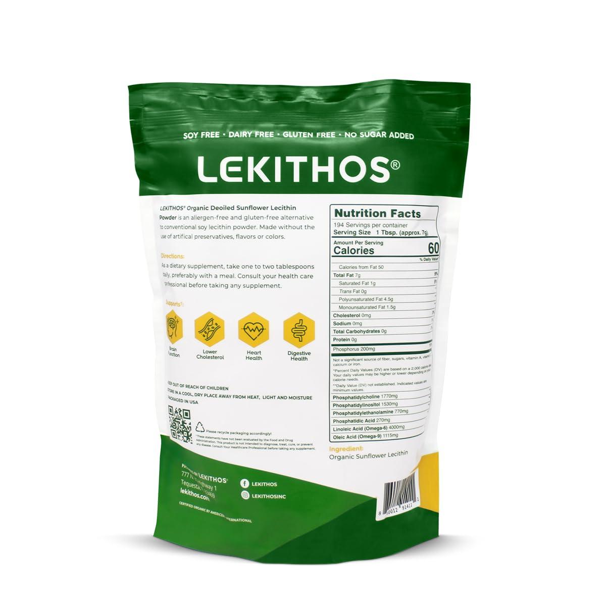 Lekithos Organic Deoiled Sunflower Lecithin Powder - Soy Free- Dairy Free - Gluten Free - No Sugar Added - USDA Organic - Vegan Certified (3lb)