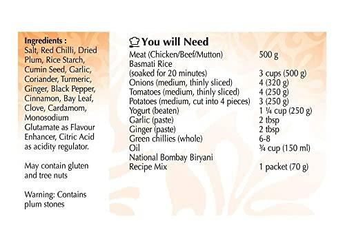National National Foods Bombay Biryani Recipe Mix 3.80 oz (110g) | South Asian Mixed Spice Powder | Meat Layered Pilaf | Traditional Food | Value Pack of 4