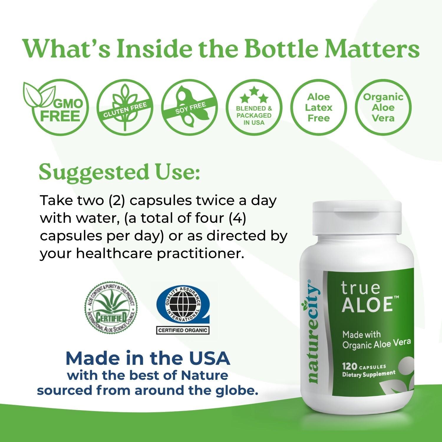 NatureCity NatureCity True-Aloe 80,000mg Aloe Vera Gel Equivalent Per Serving Made with Organic Aloe Vera (360 Capsules) Digestive, Skin and Joint Support|Small Easy-to-Swallow Pills