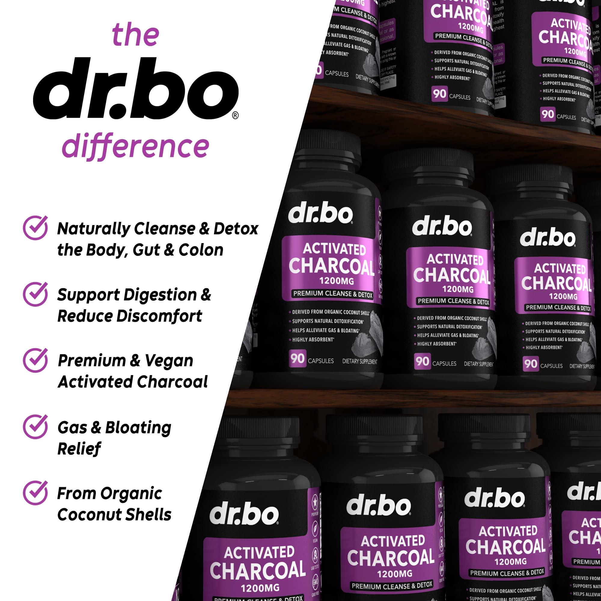 DR. BO Activated Charcoal Capsules Cleanse Detox - 1200mg Organic Coconut Charcoal Pills for Stomach Gas and Bloating Relief for Men Women Kids - Active Capsules Powder Binder Activated Supplements for Gut
