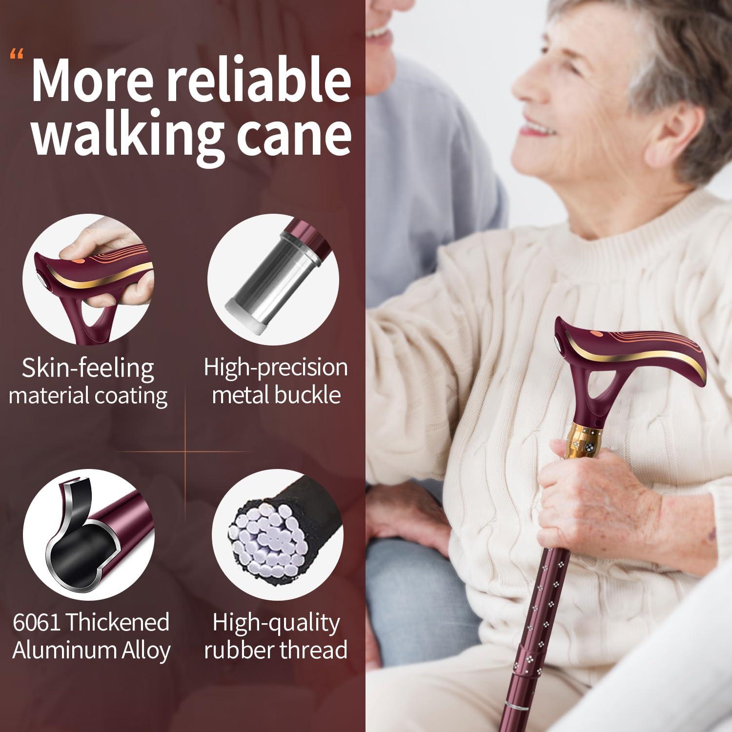 ispuoocti ispuoocti Folding Cane, Smart Alarm Foldable Cane with Light, Fashion Walking Cane for Women&Men, Adjustable Canes for Seniors, USB Direct Charging, Lightweight and Portable (Red)